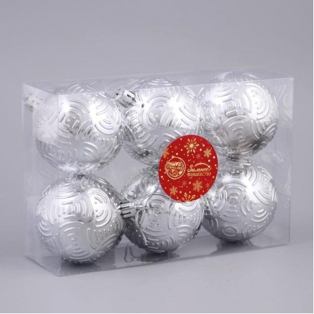 Набор елочных шаров пластик d-6 см, 6 шт "Объёмные бантики" серебро