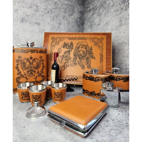 Набор подарочный в дер. футл. MHZH-9A: фляжка 9ОZ+фляжка 3OZ (2шт)+4 рюмки+зажигалка+портсигар