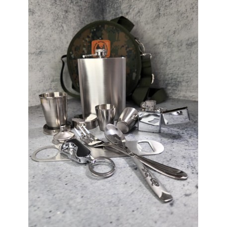 Набор в чехле +cклад стакан ,фляжка 9oz, фляжка 3oz, карабин, ложка, вилка, воронка, фонарик XYB-8A Набор в чехле +cклад стакан ,фляжка 9oz, фляжка 3oz, карабин, ложка, вилка, воронка, фонарик XYB-8A
