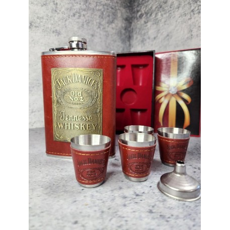 Набор подарочный D-1706 "Jack Daniels": фляжка 260 мл в коже+4 рюмки в коже+воронка