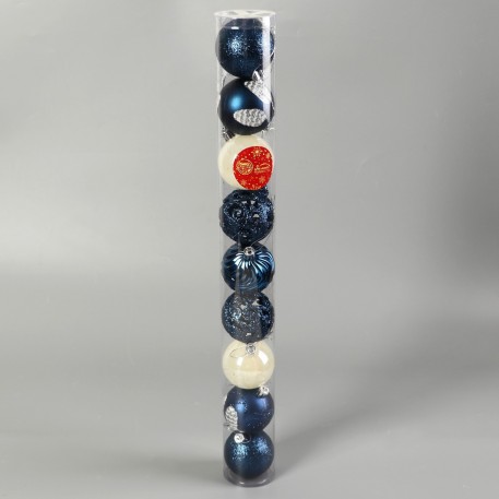 Набор елочных шаров пластик d-6 см, 9 шт "Мелодия" орнамент волны, синий белый