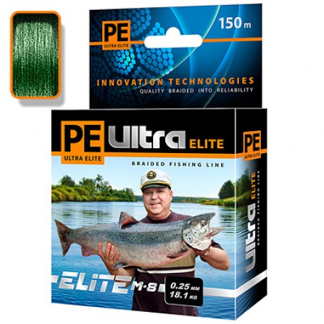 Плетеный шнур AQUA PE ULTRA ELITE M-8 Dark Green 0,25mm 150m, цвет - темно-зеленый, test - 18,10kg